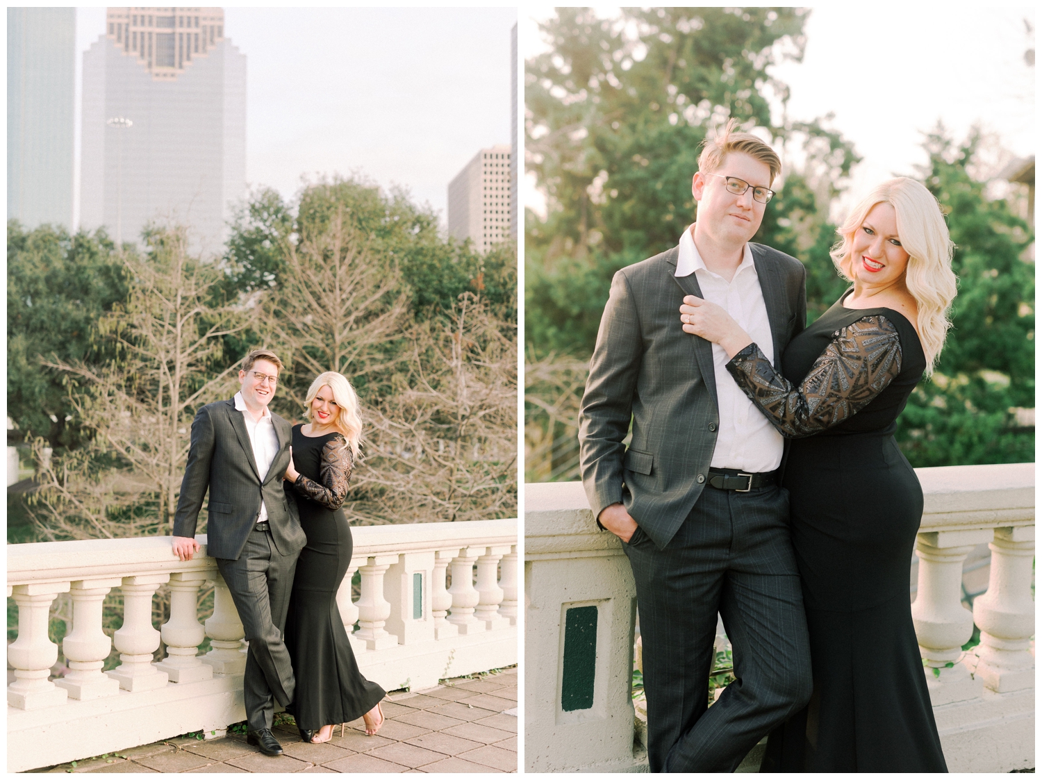 couple on Sabine Bridge downtown Houston engagement session