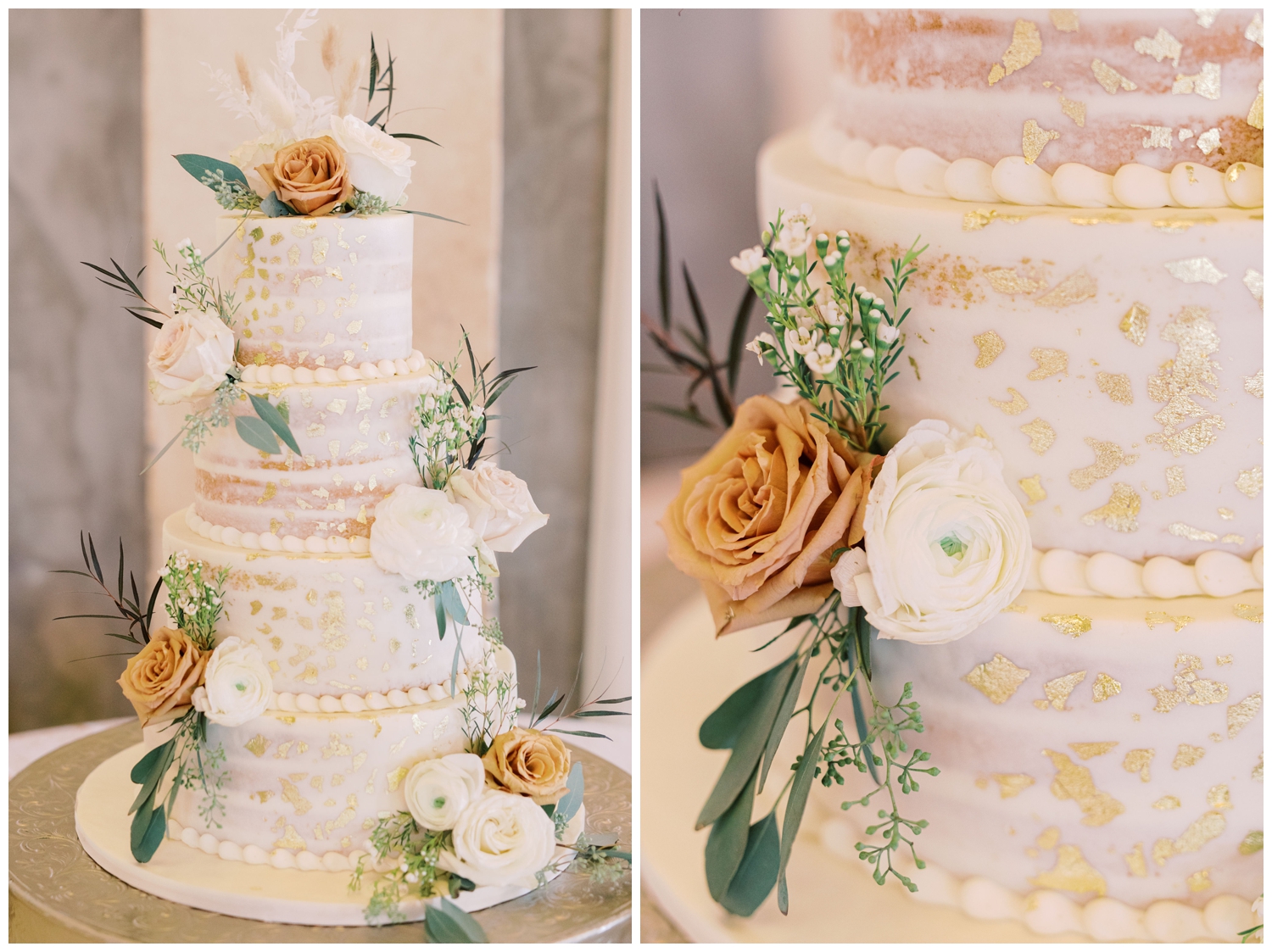 white wedding cake with gold etching