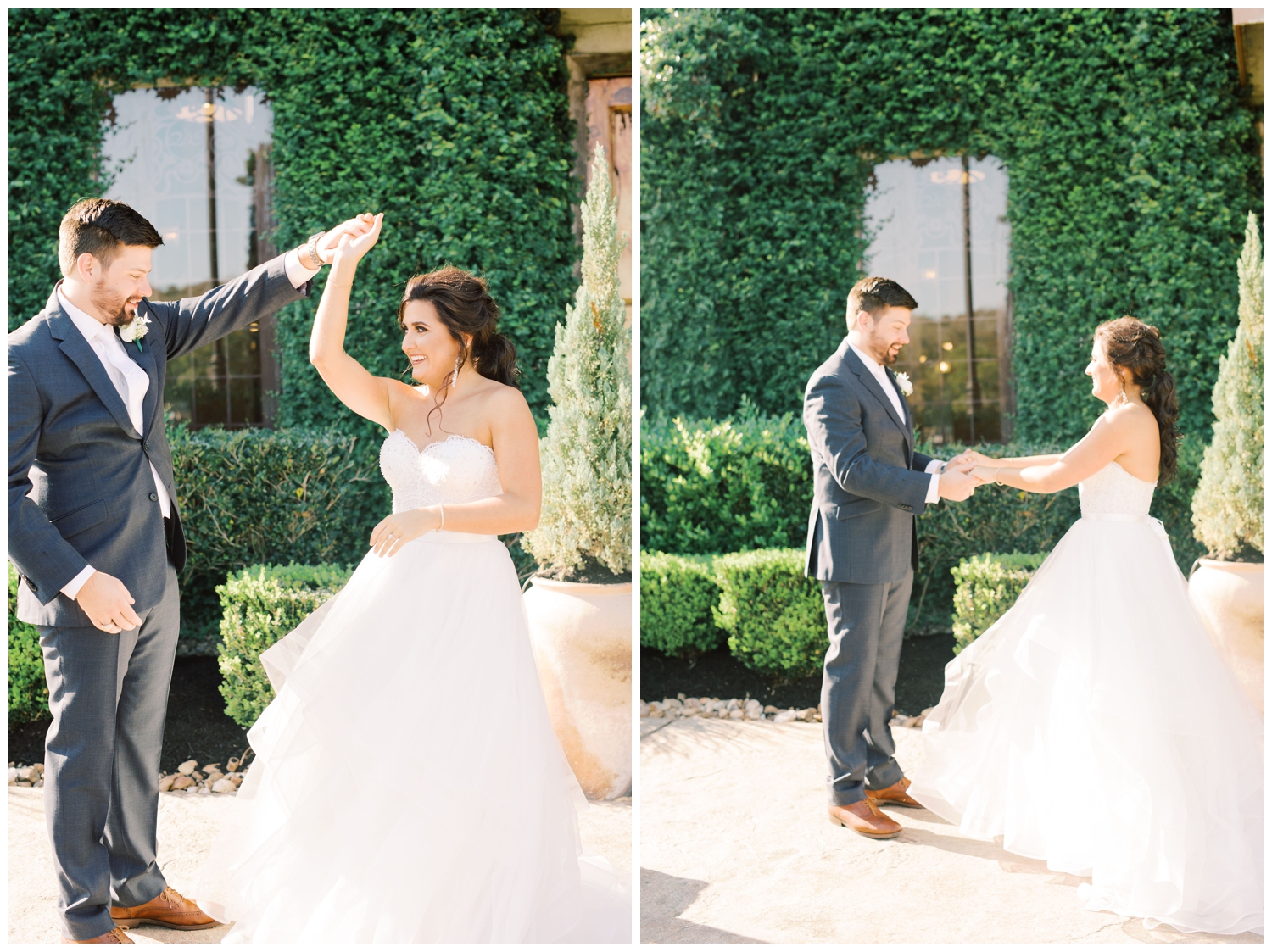 groom twirling bride during couple portraits