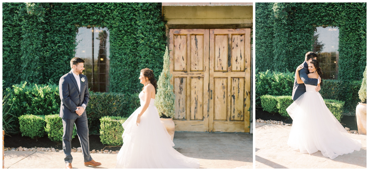 first look with bride and groom outside wedding venue in Montgomery, Texas