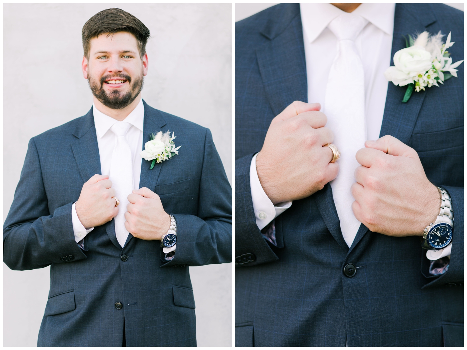 close up of groom in wedding tuxedo