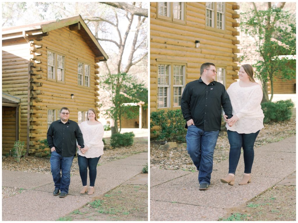 engaged couple walking in front of building at Cy-Hope in Cypress, Texas