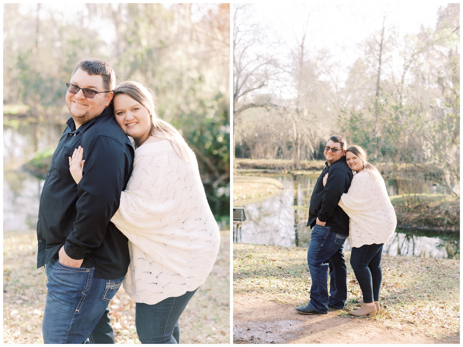 couple snuggling together in outdoor field for engagement session in Cypress
