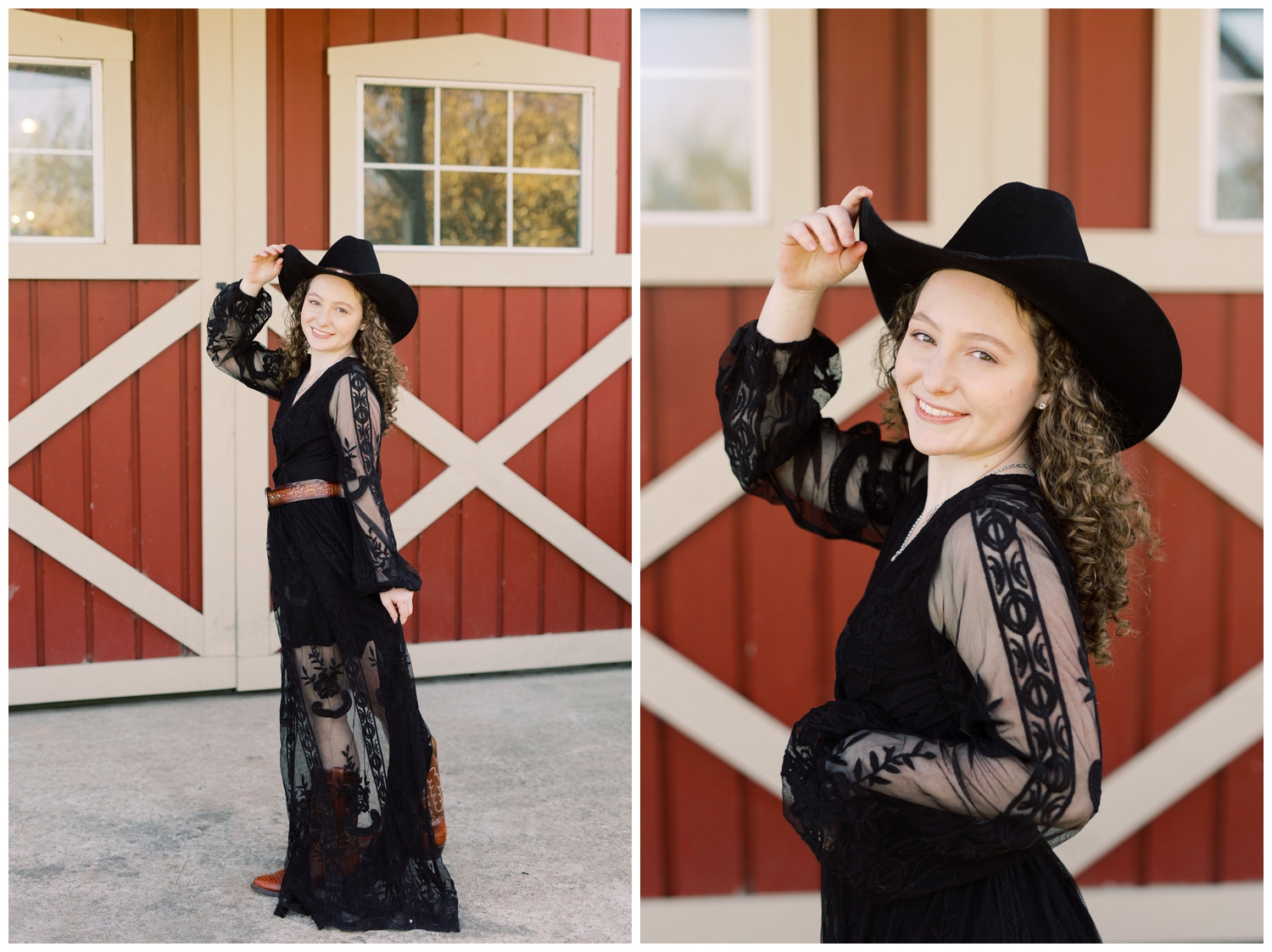 high school senior in black dress with cowboy hat in front of barn doors