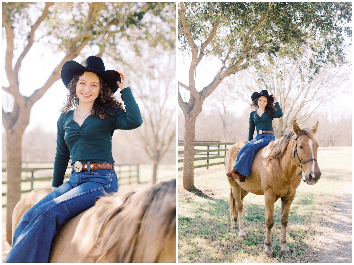 senior girl sitting on a horse in blue jeans and black cowboy hat