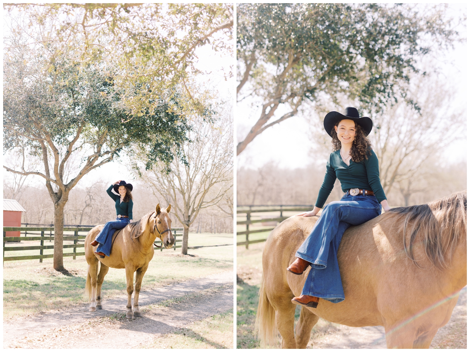 high school senior in black dress with cowboy hat sitting on a horse