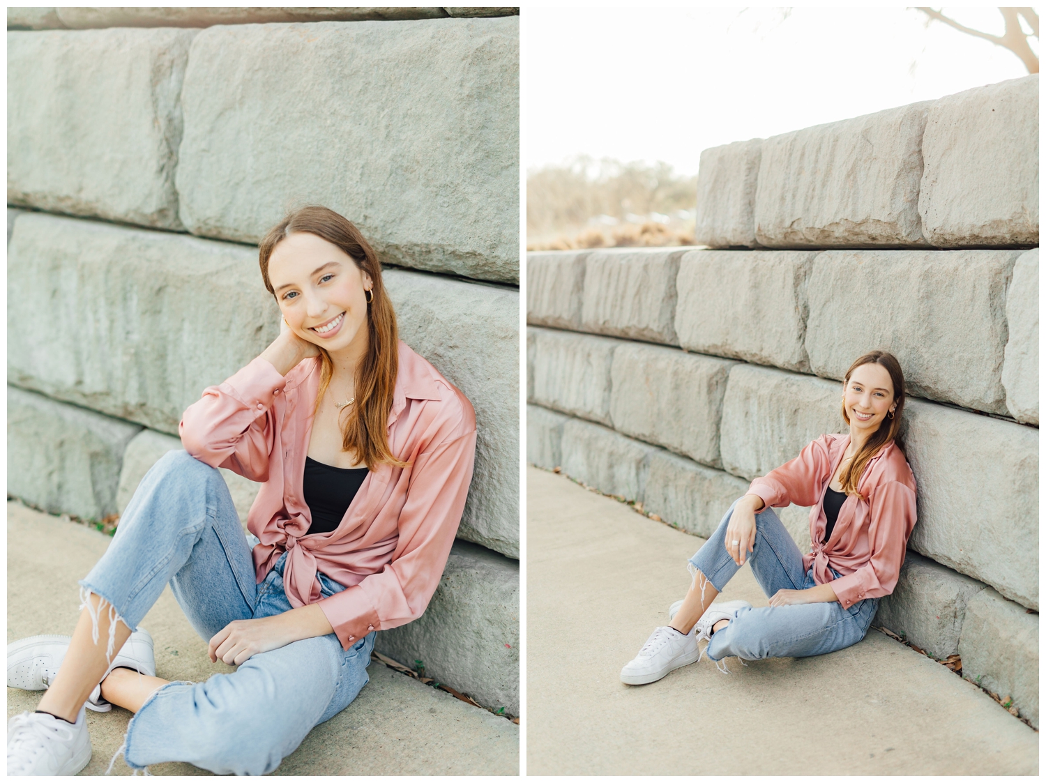 girl leaning against gray stone wall at Sabine street in downtown Houston senior photos