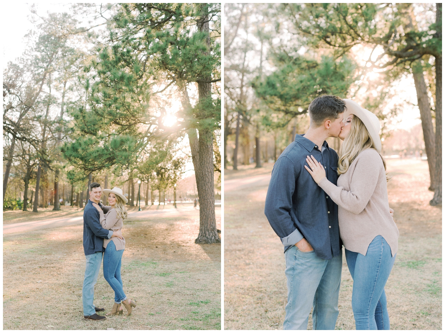 engaged couple kissing on the grass