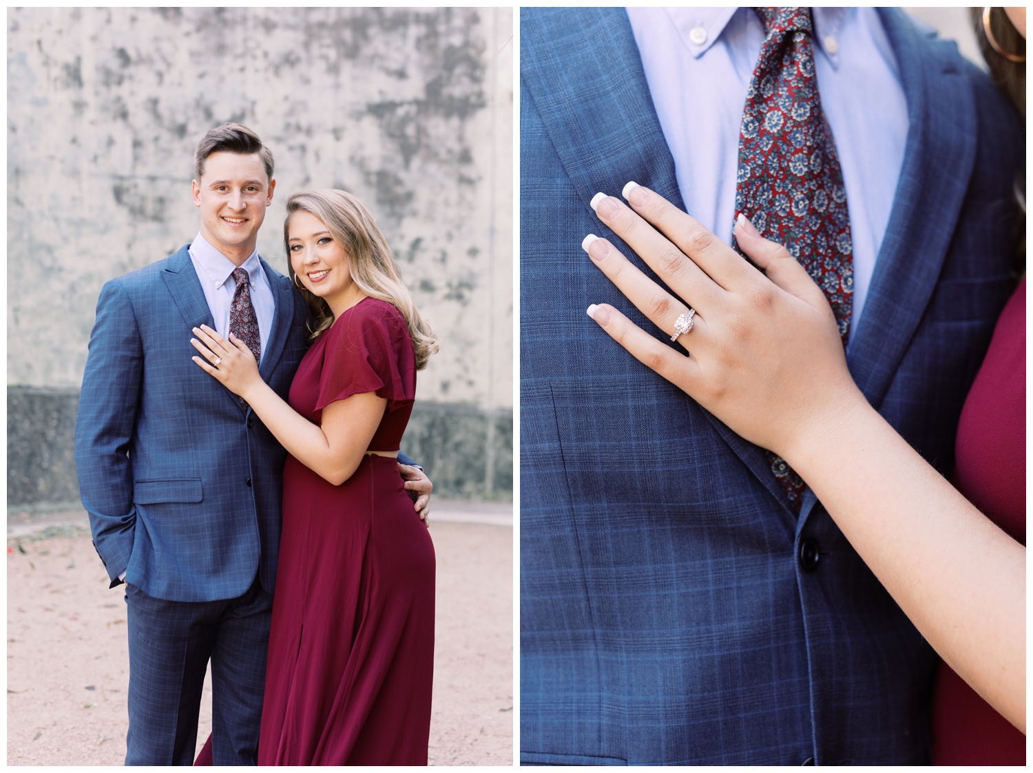close up of wedding ring and engaged couple in burgundy and blue at Hermann Park by stone wall
