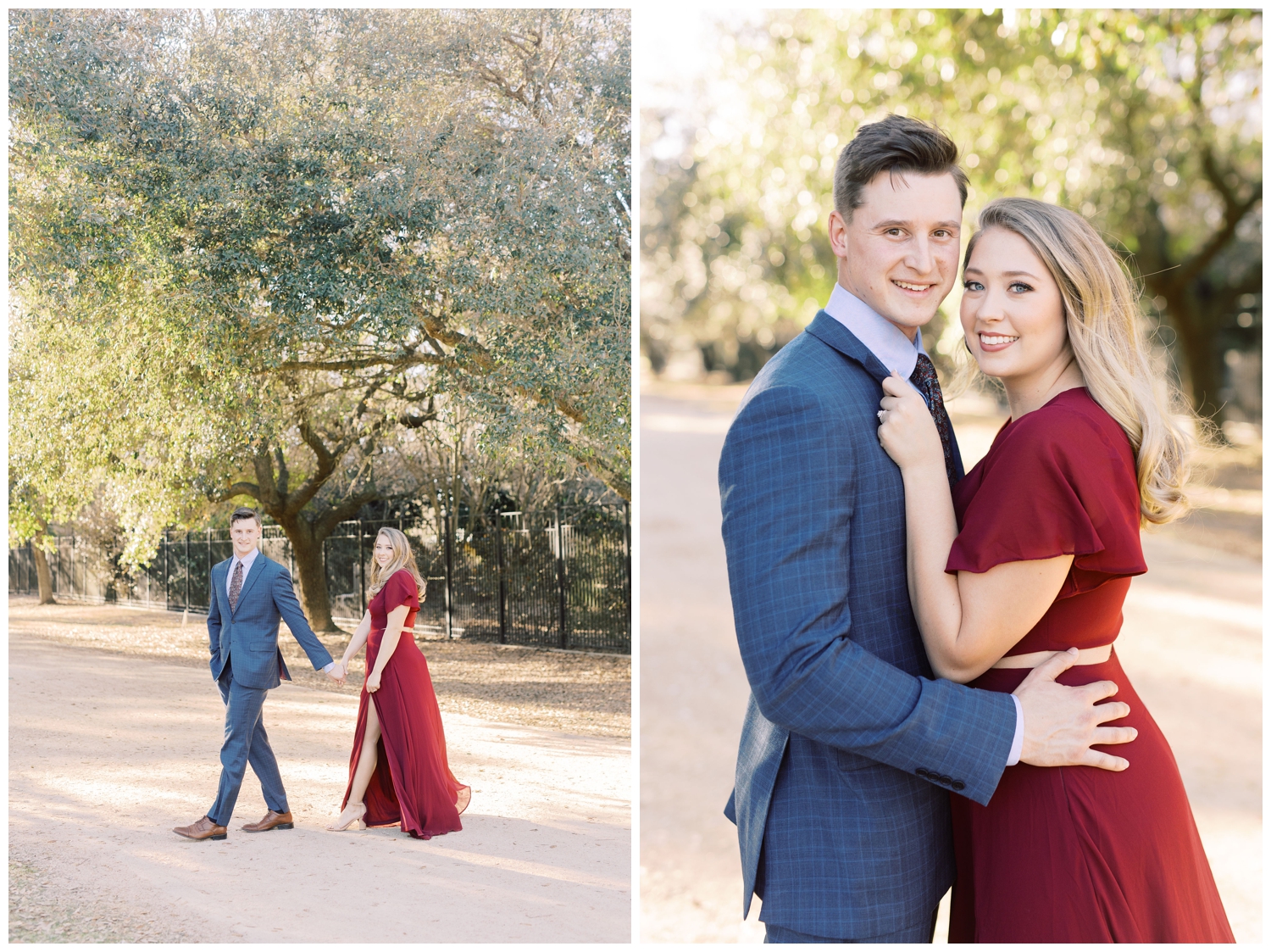 couple in formal attire at Hermann Park Engagement Session under oak trees
