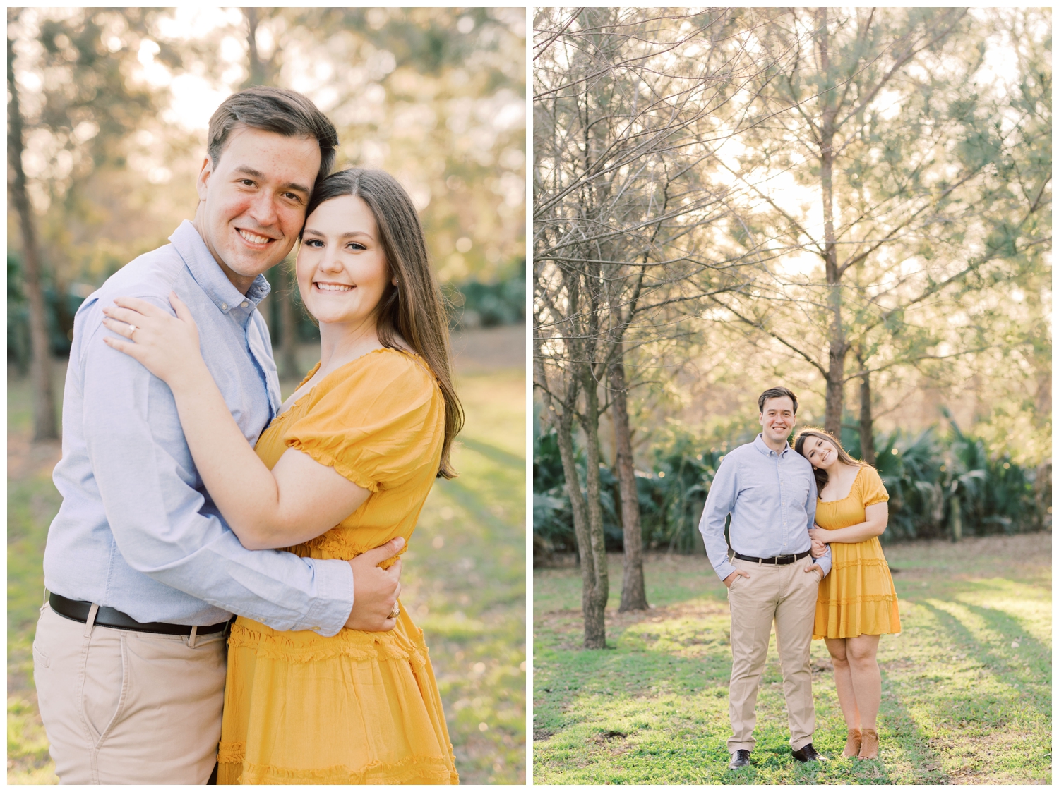 couple posing under a tree in Hermann park for a Houston Engagement Photographer