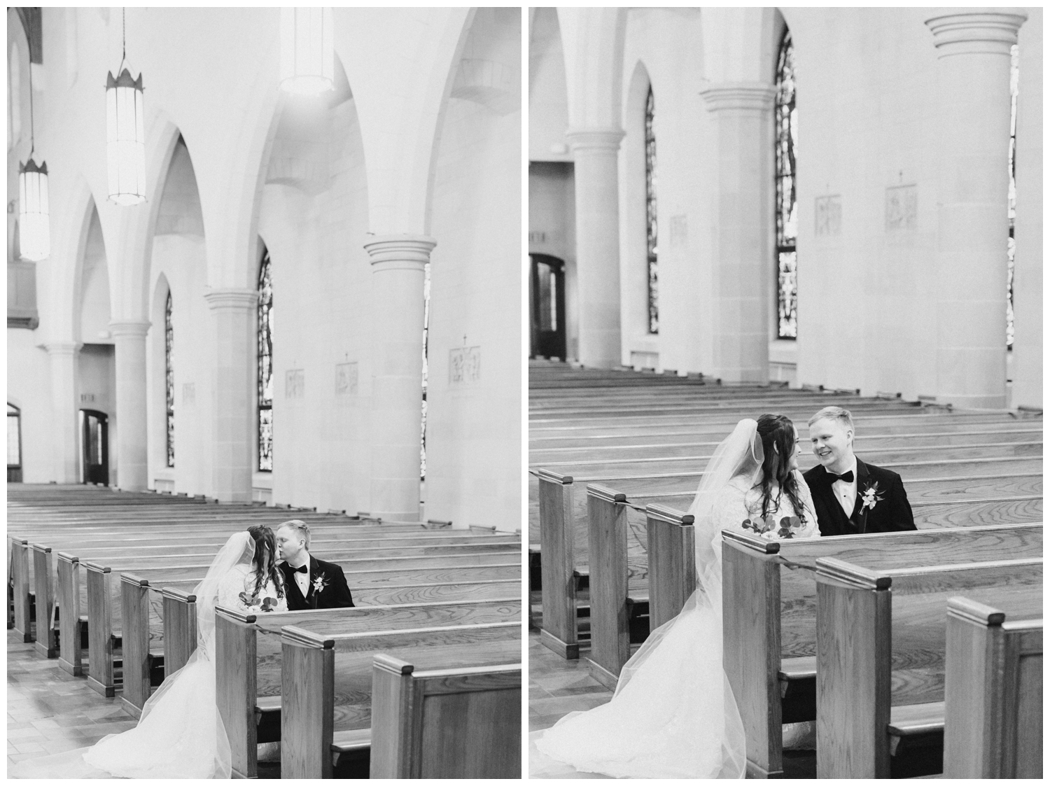 bride and groom sitting in pews inside Holy Rosary Church in Houston, Texas