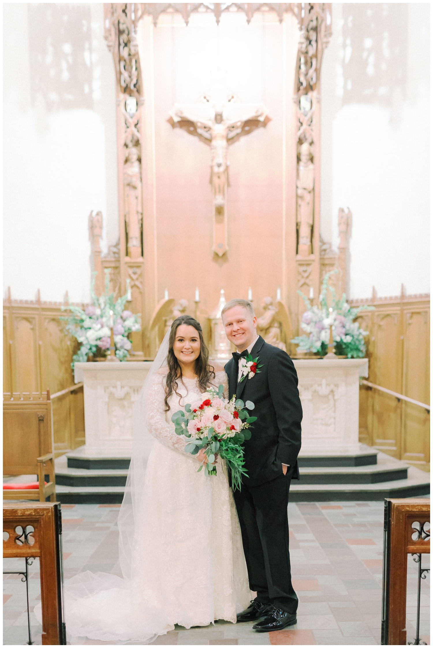 bride and groom portrait inside Holy Rosary Church