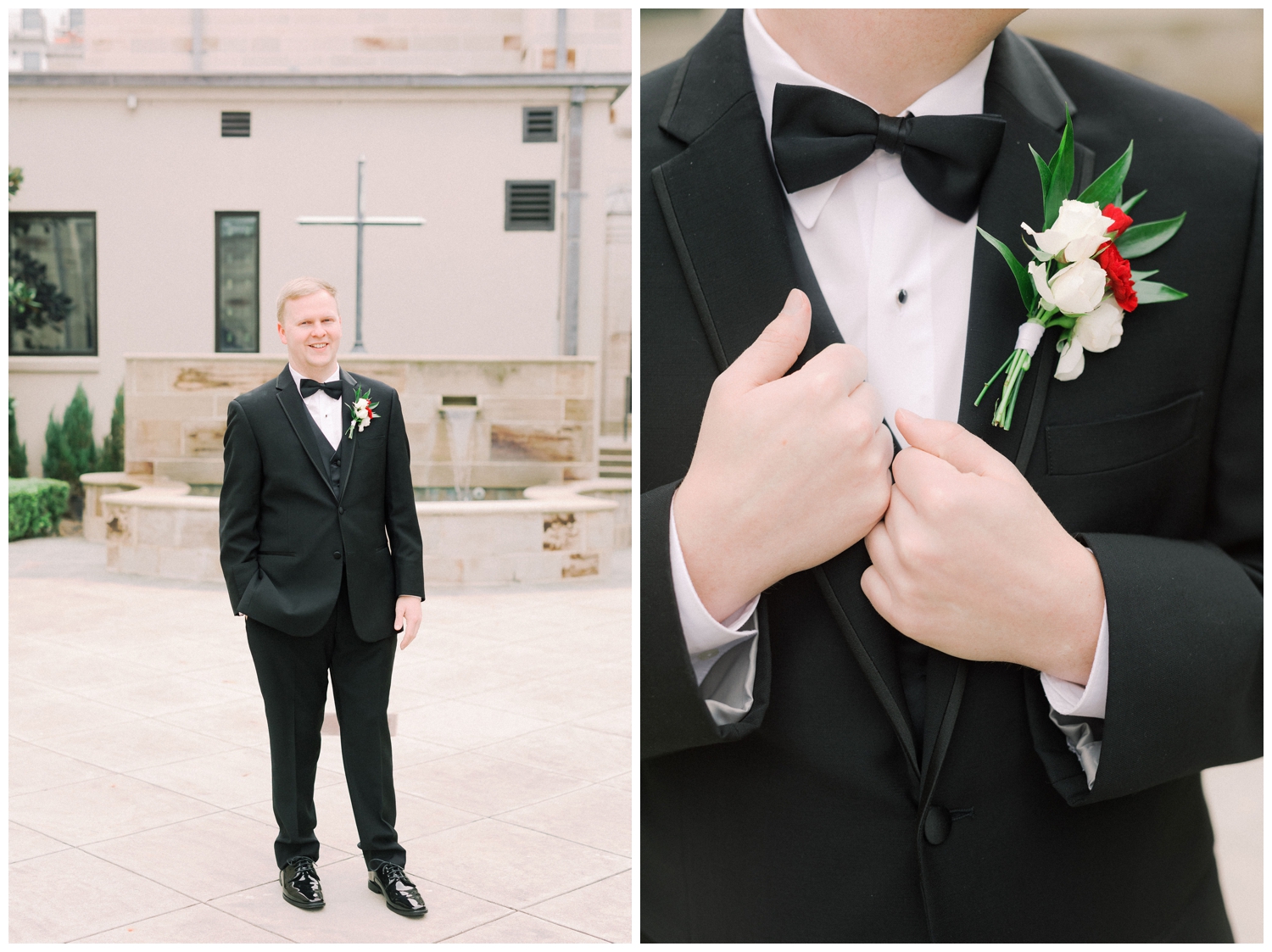 Groom standing outside of Holy Rosary Church in a black tuxedo