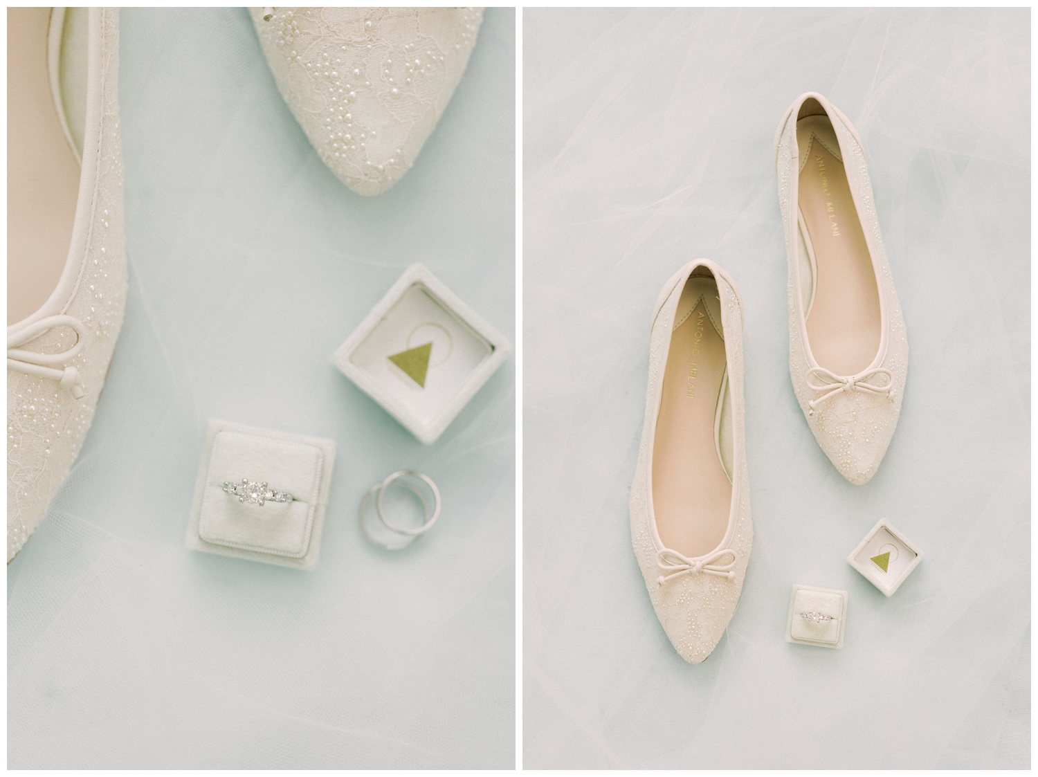 detailed shot of cream wedding shoes