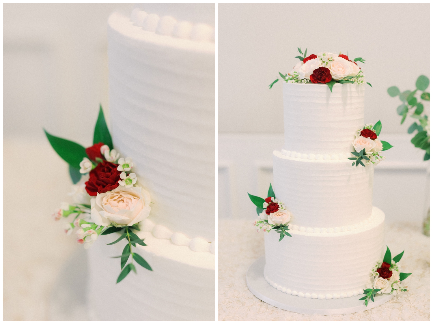white wedding cake with burgundy florals