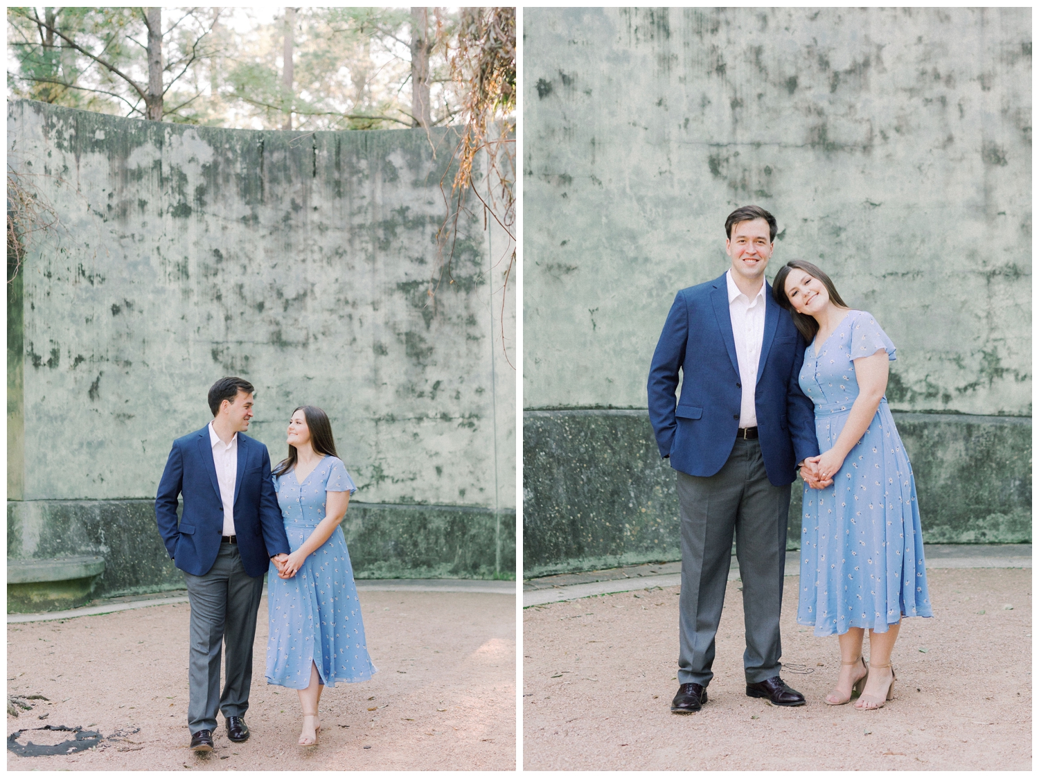 couple posing by stone wall in Hermann Park