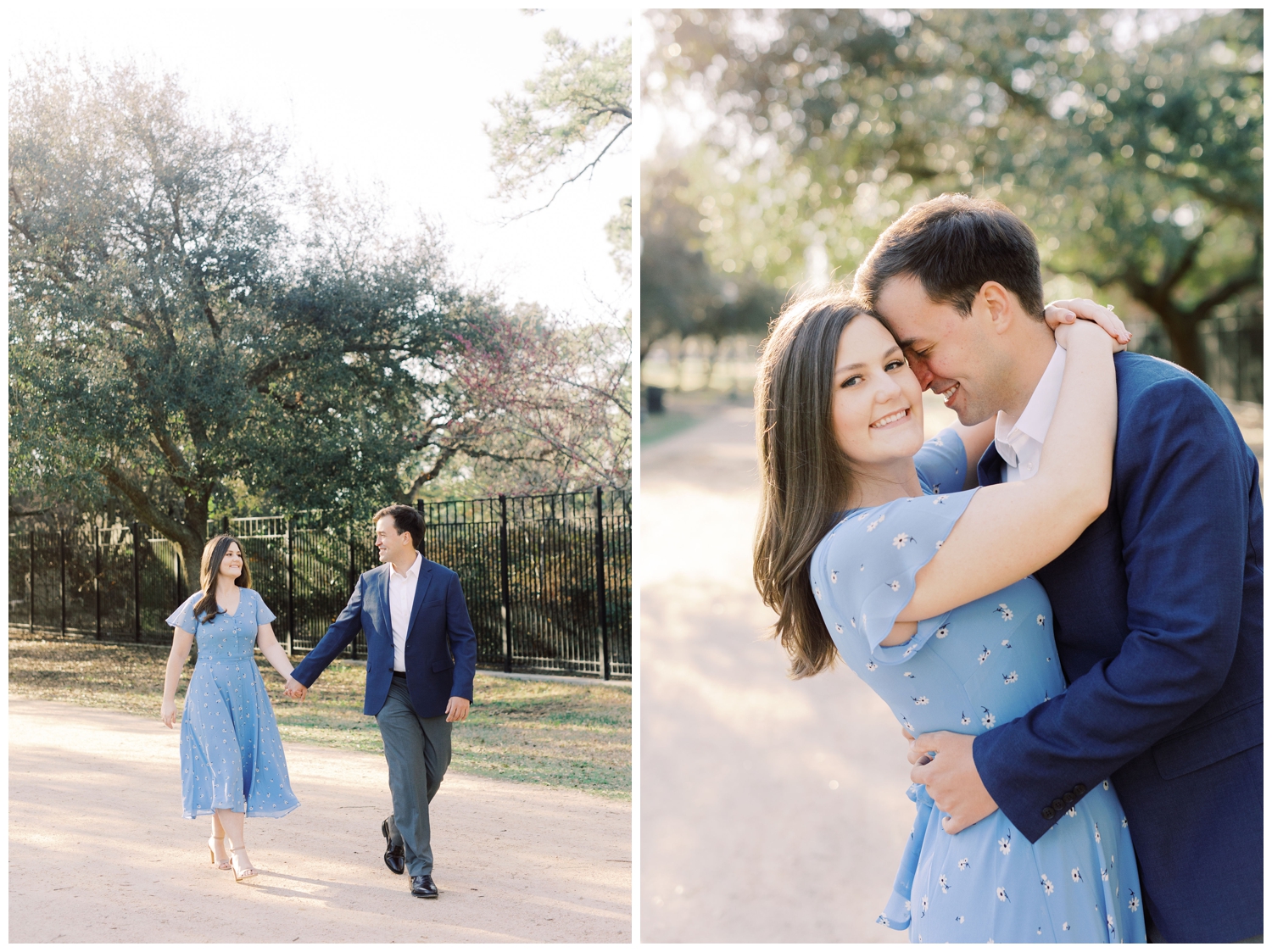 couple in blue suit and blue dress walking in Hermann Park for Houston Engagement photographer
