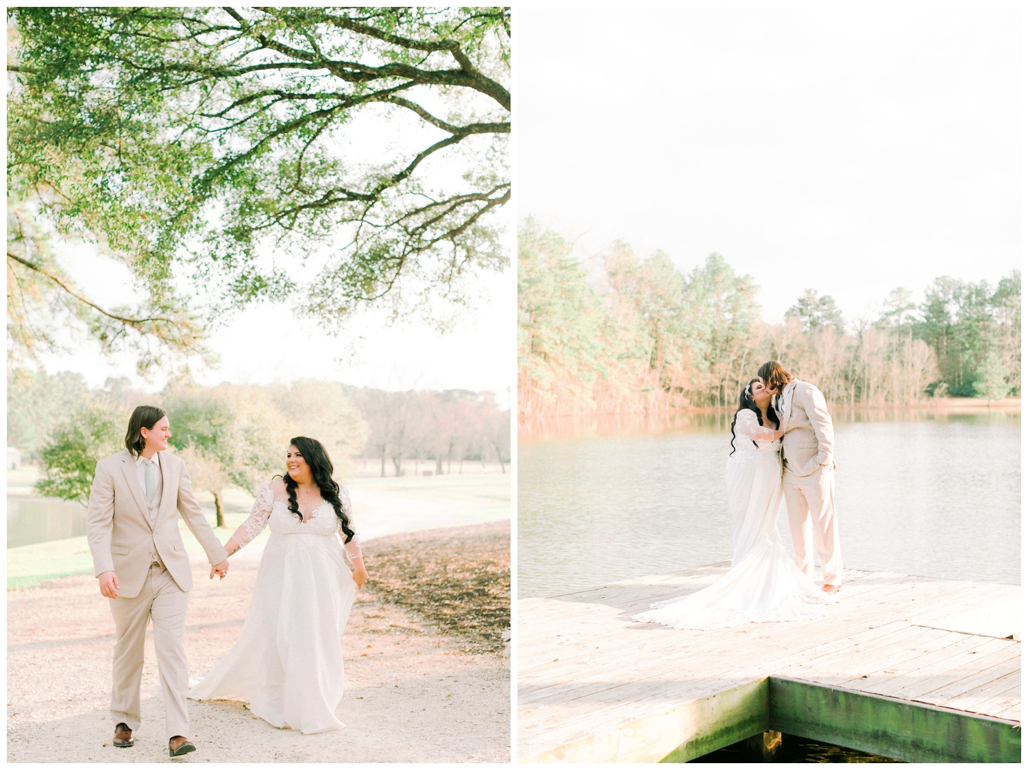 married bride and groom portraits by a pond