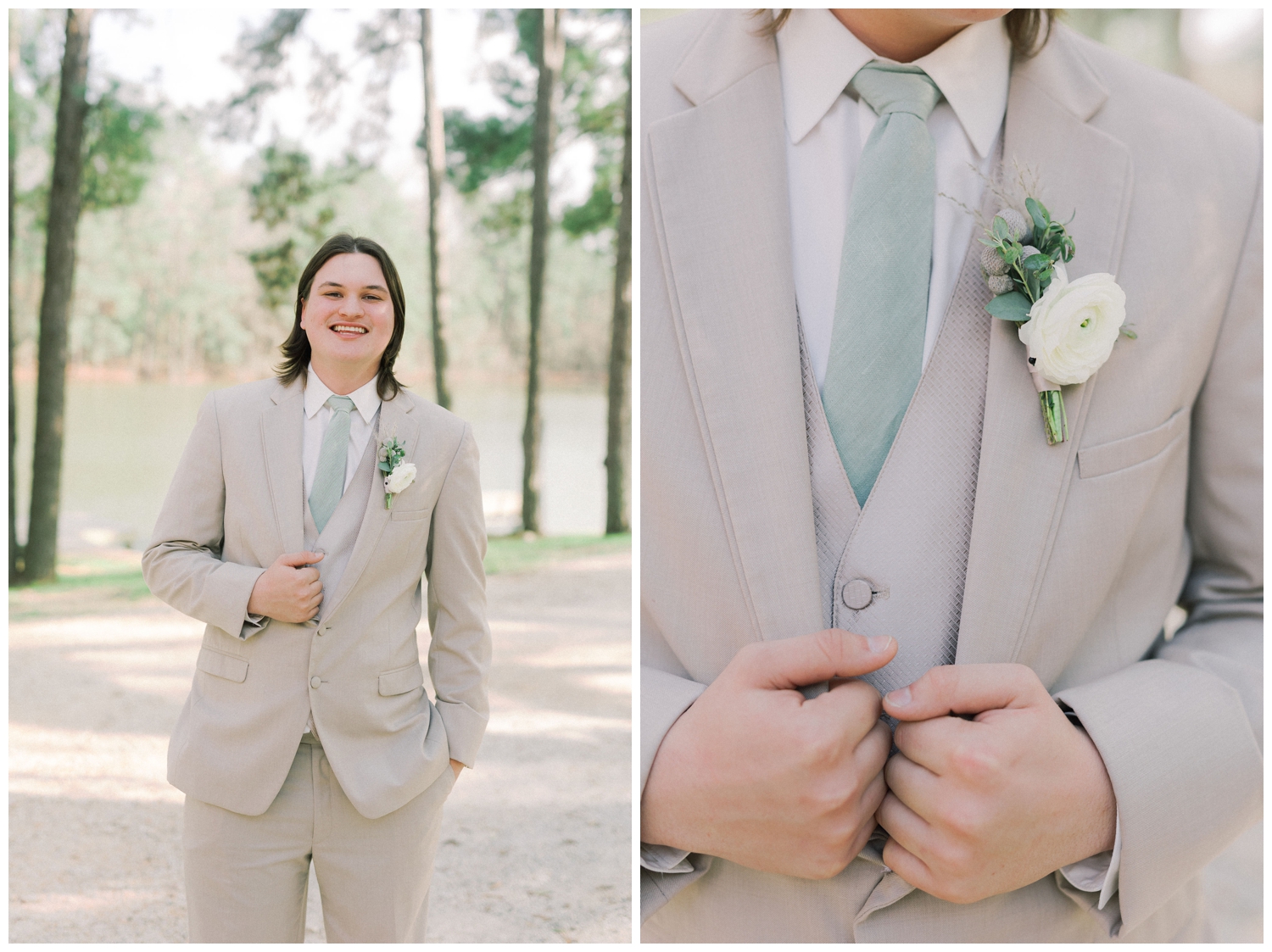 groom in tan suit standing outside Pine Lake Ranch
