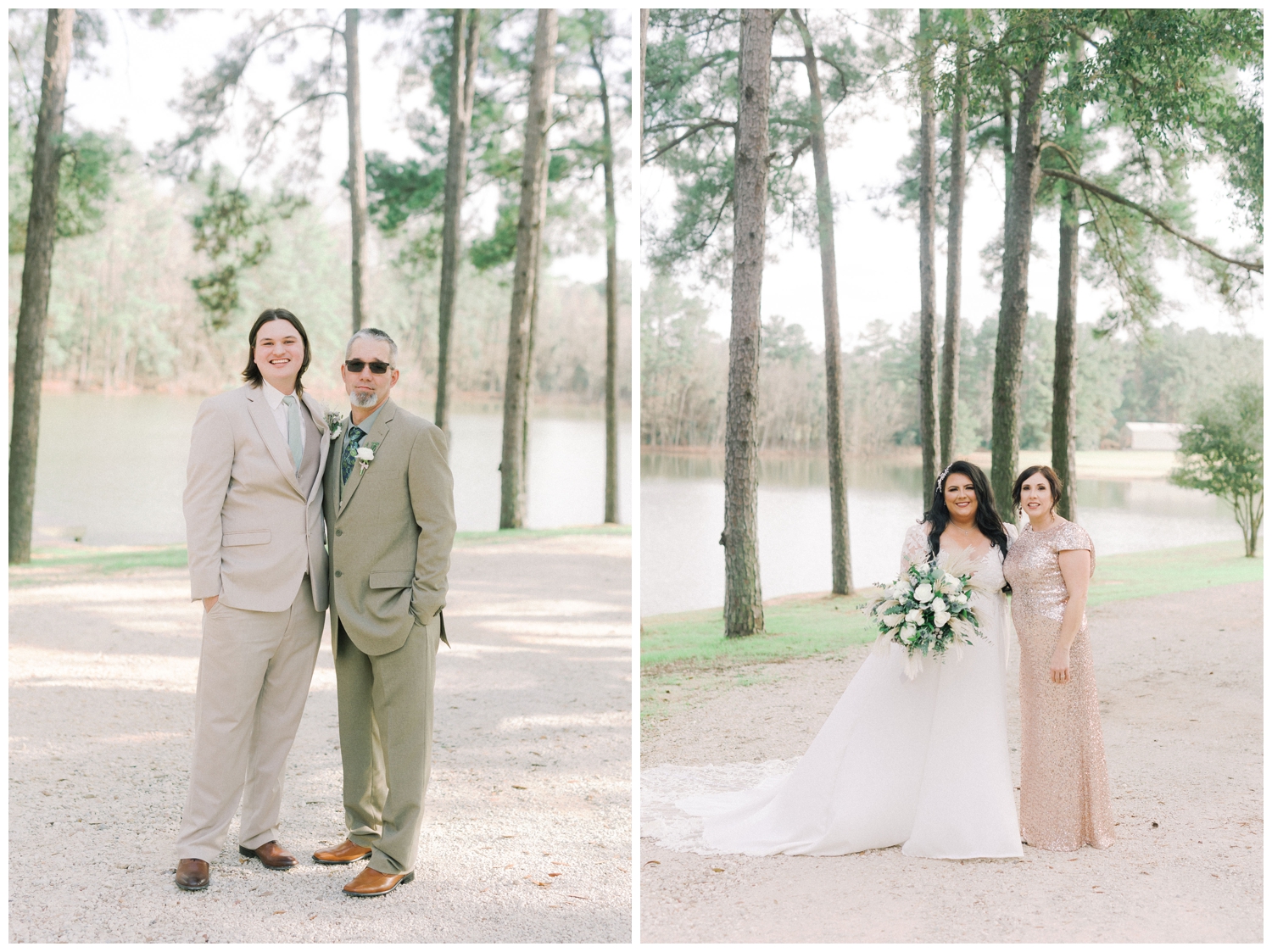 bride and groom with parents posing outside at Pine Lake Ranch in Montgomery, Texas