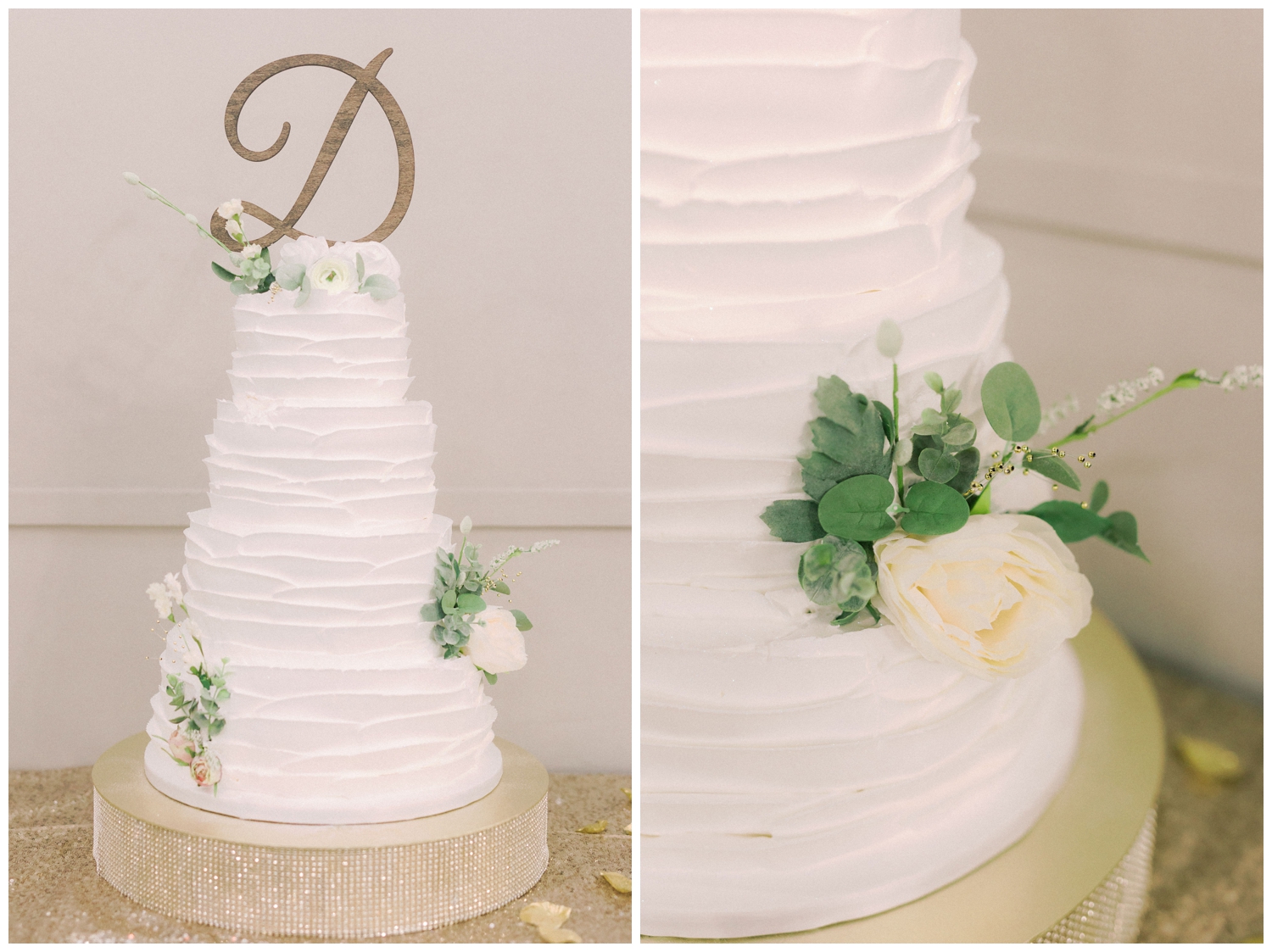 all white wedding cake with florals