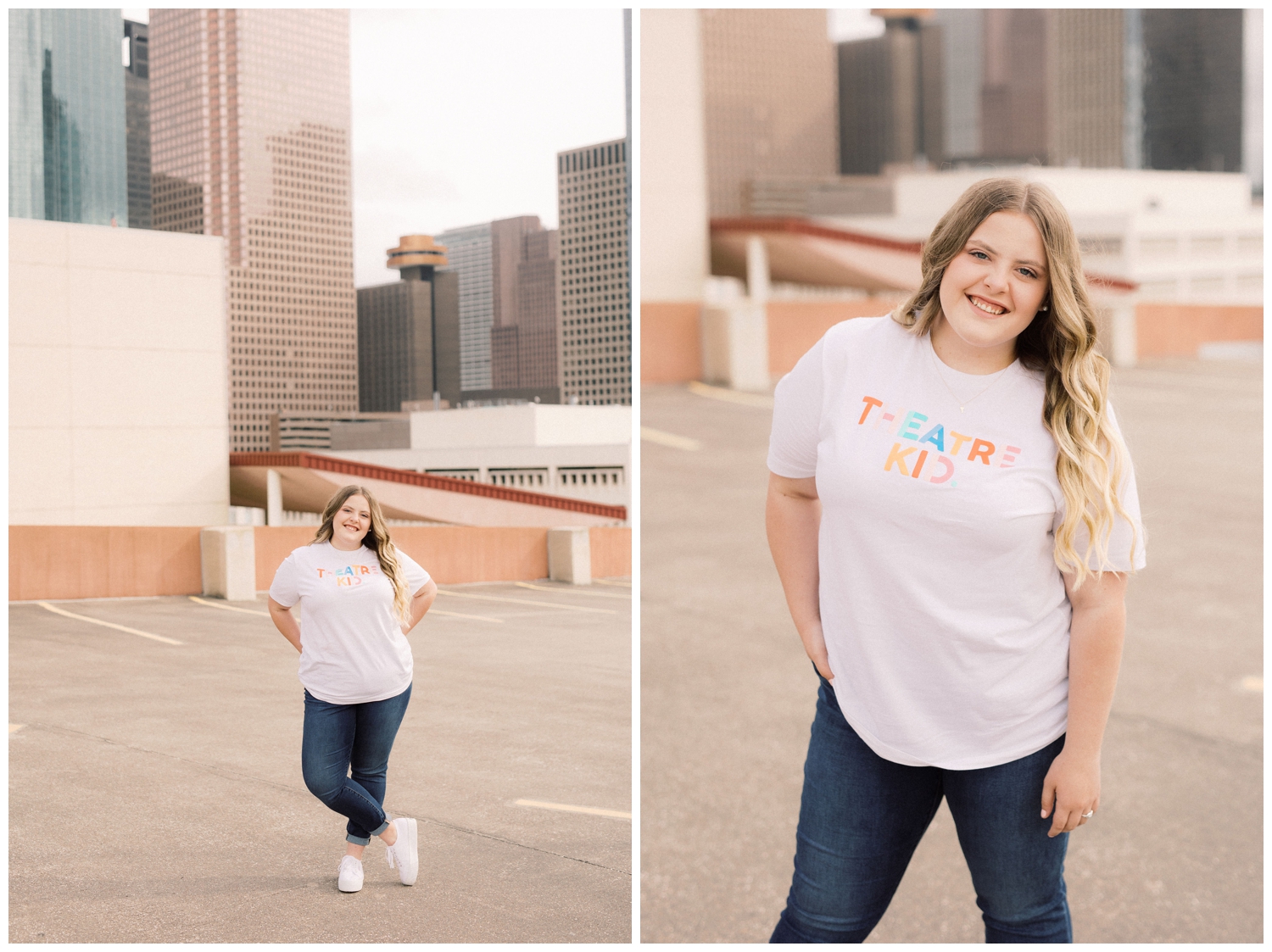 girl standing in front of skyline top of parking garage for senior photos downtown Houston