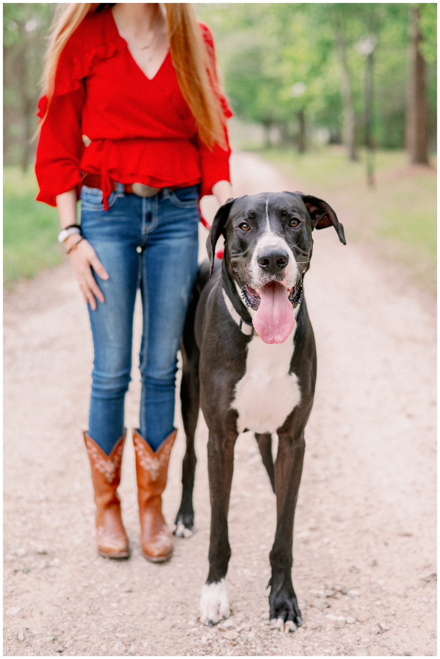 girl standing with her dog with focus on the dog