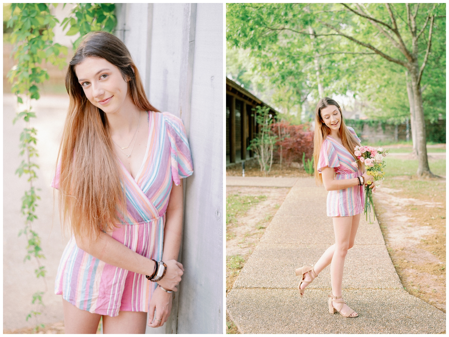 girl in striped romper holding flowers for a Cypress senior photographer at Cy-Hope