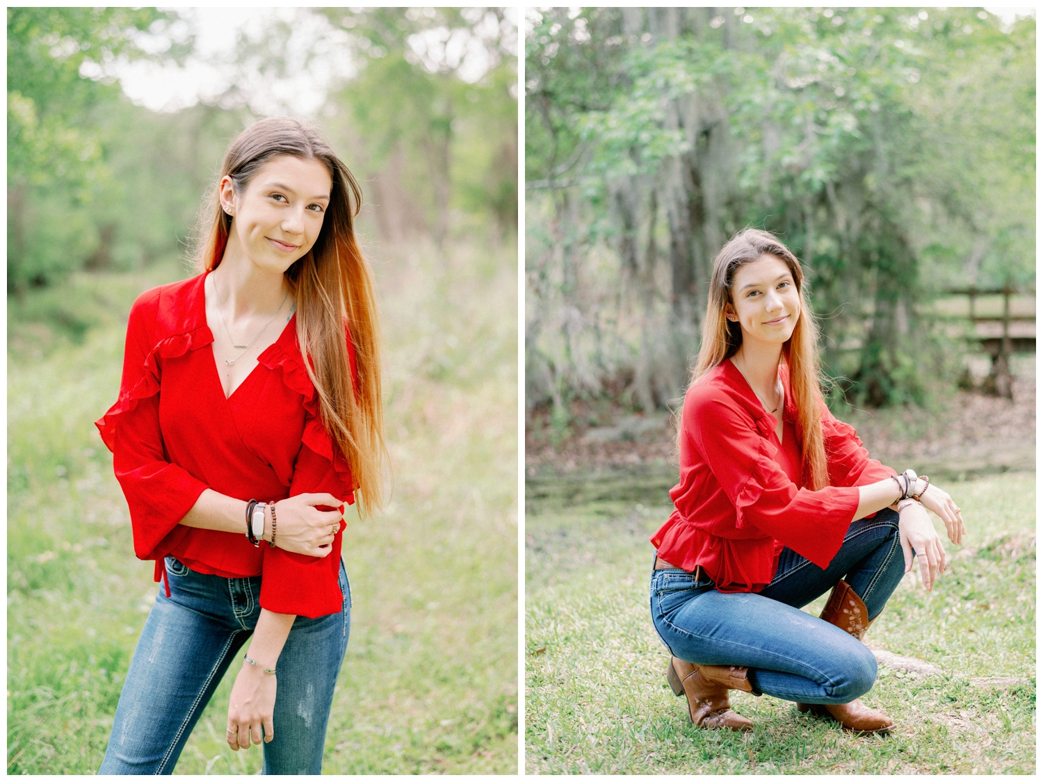 girl wearing jeans and red shirt standing in a field