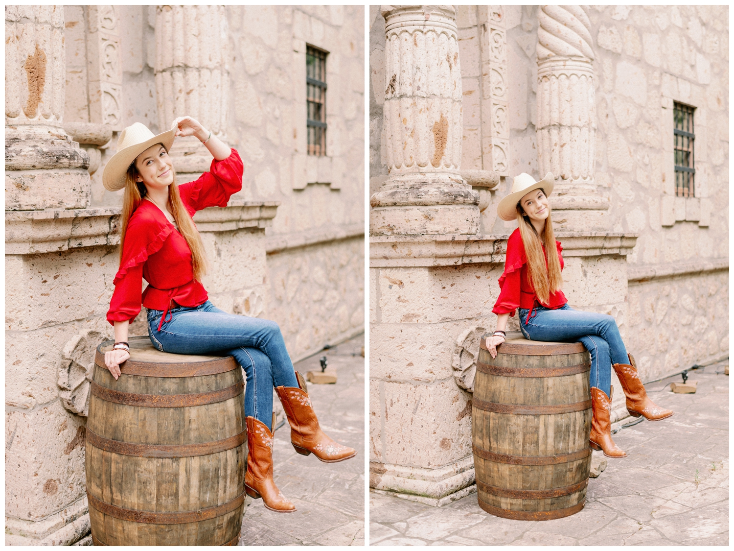 girl sitting on a barrell at Cy-Hope for a Cypress senior photographer