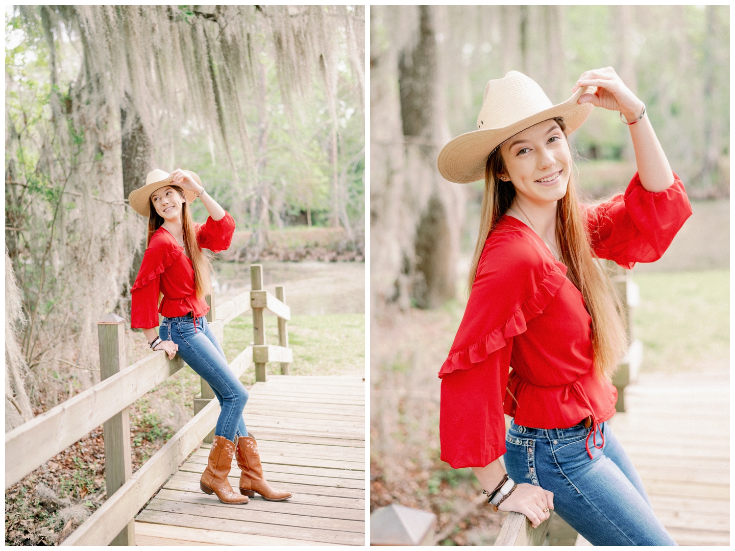 girl standing on a bridge tipping her cowboy hat for a Cypress senior photographer at Cy-Hope
