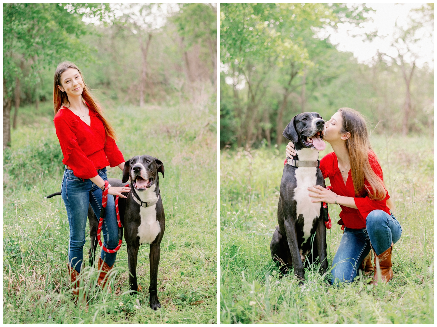 girl tipping her handgirl kissing her dog in a field for a Cypress senior photographer at Cy-Hope
