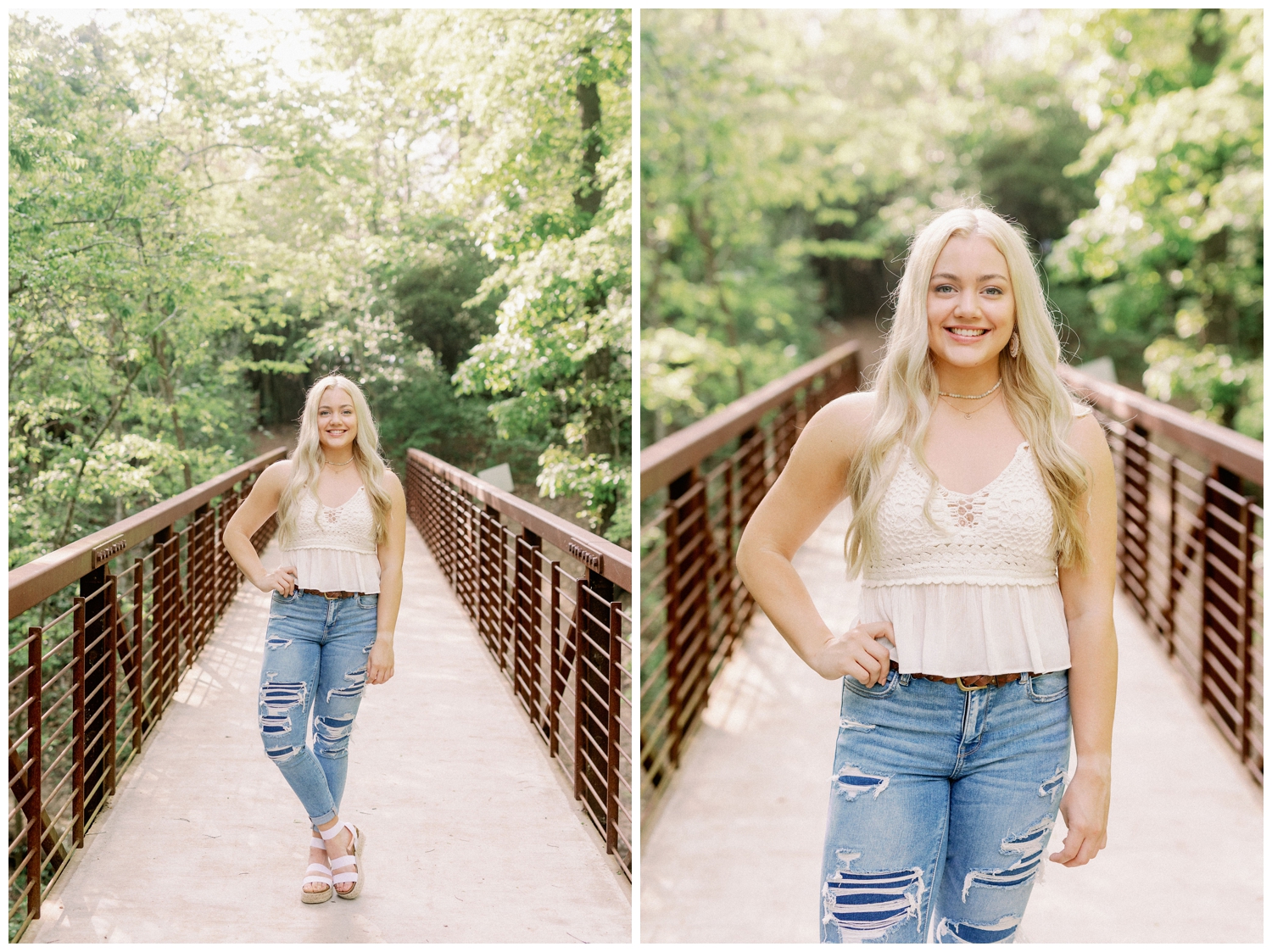 girl walking on a bridge Houston Arboretum Senior Portraits