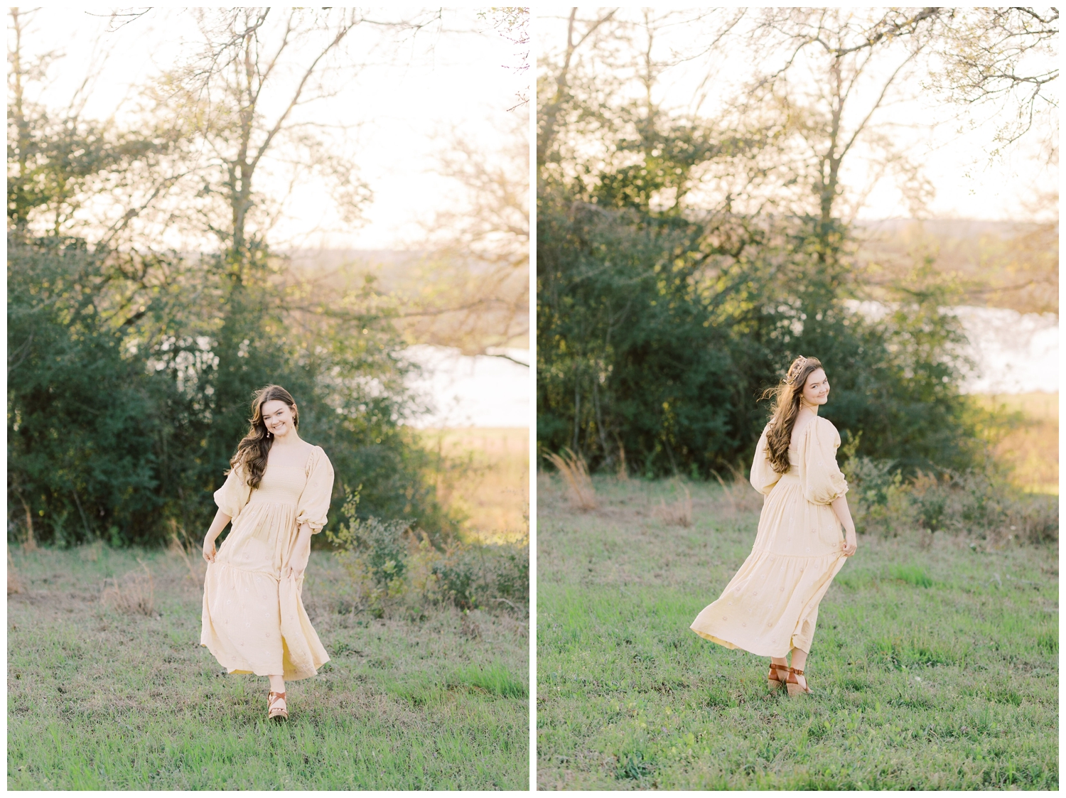 senior girl in a yellow long flowing dress walking in a field for Houston outdoor senior photographer