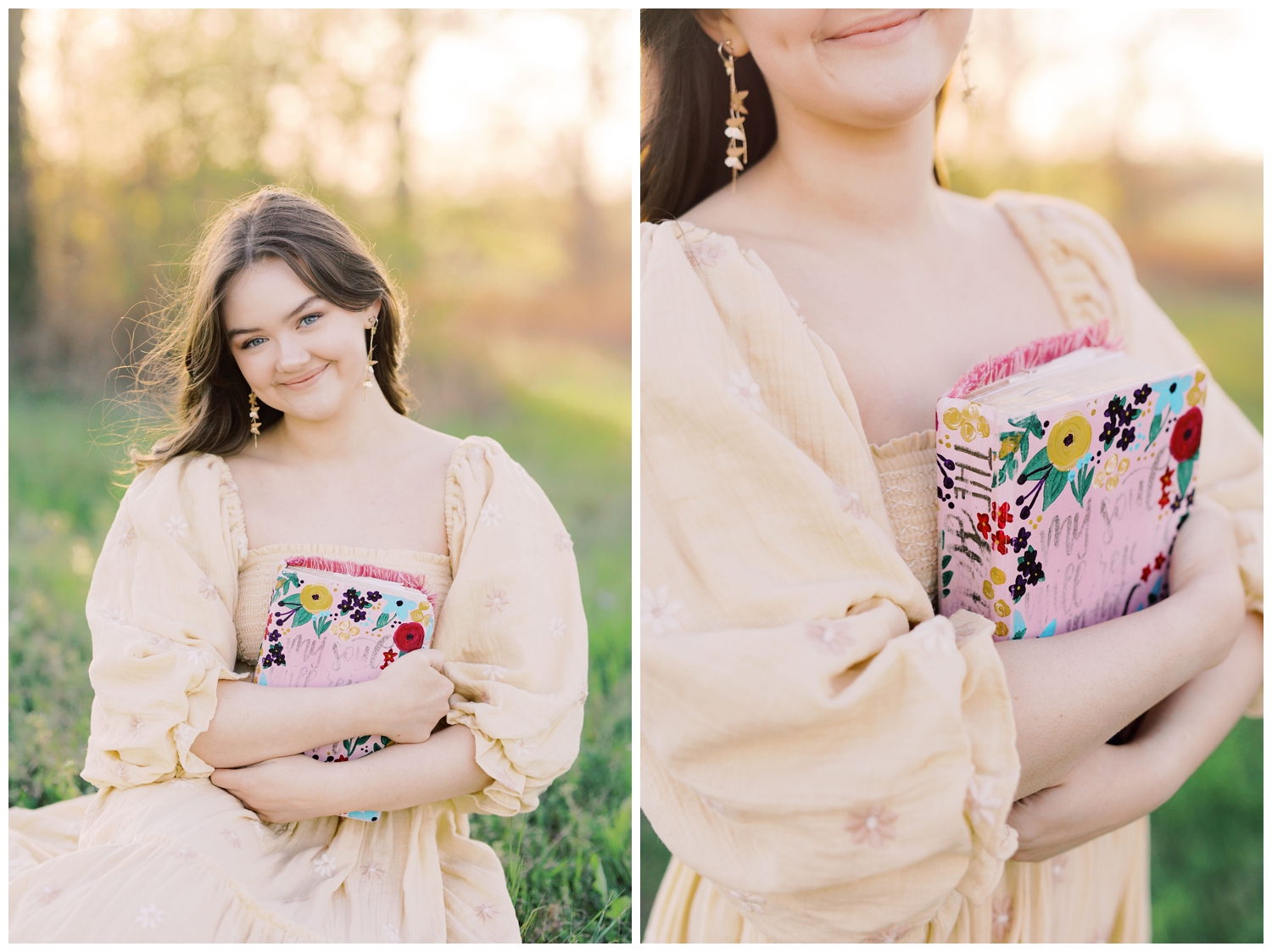 girl in pale yellow flowing dress holding bible outdoors