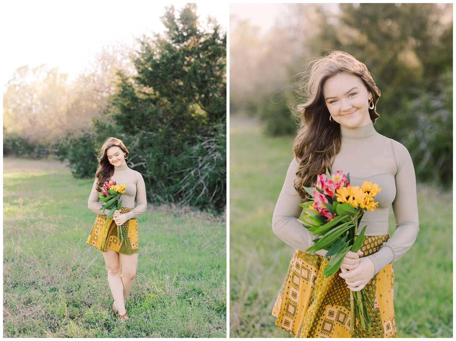 senior girl holding flowers in a field