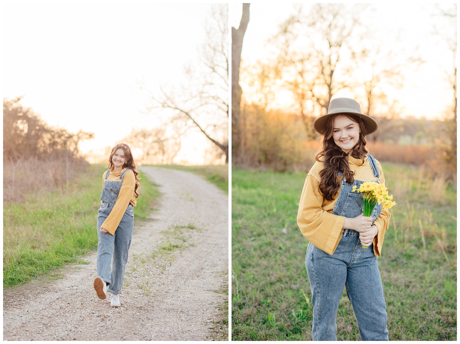 girl holding flowers in overalls and a hat walking for a Houston outdoor senior photographer