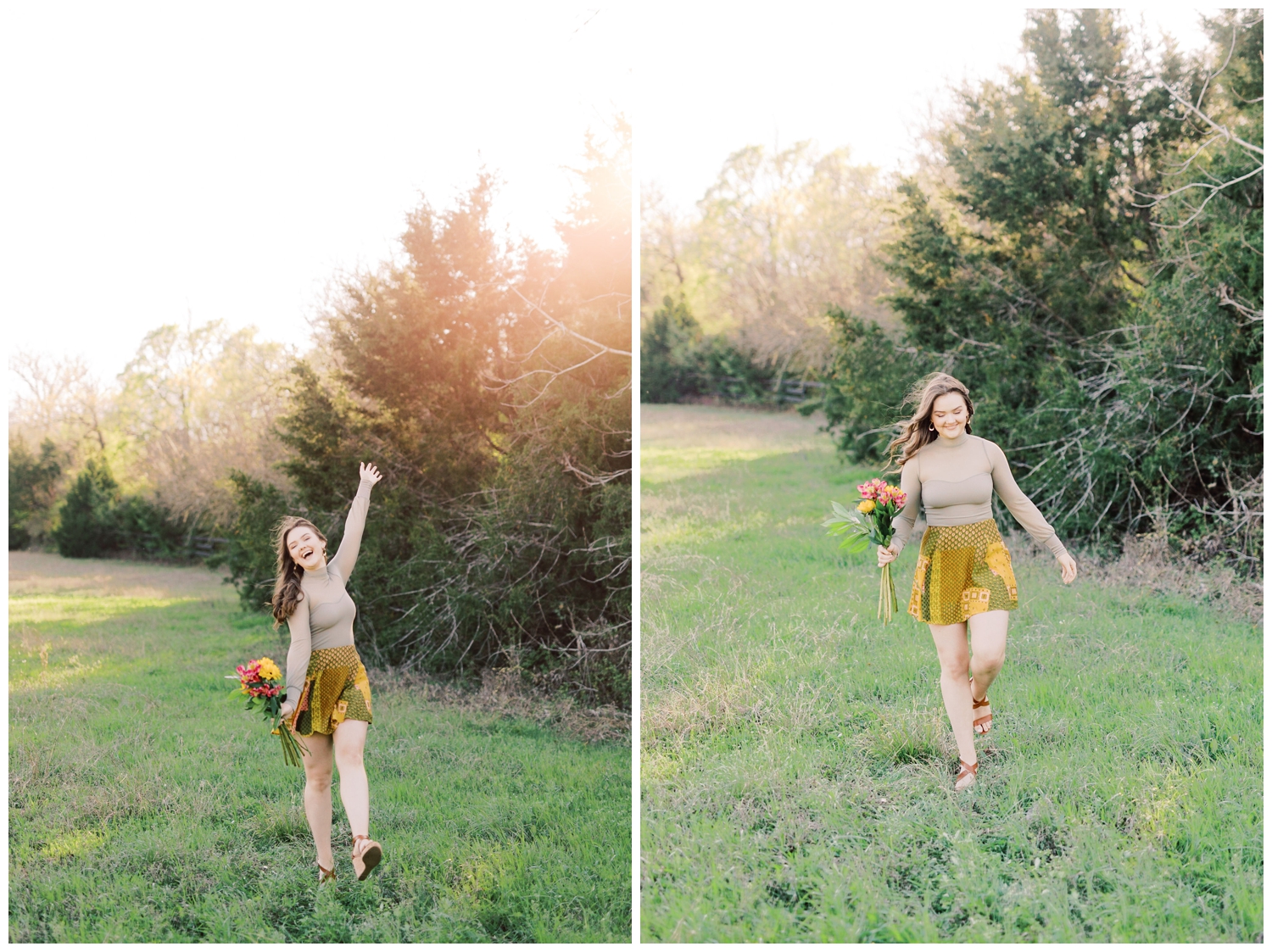 high school senior skipping in a field for a Houston outdoor senior photographer