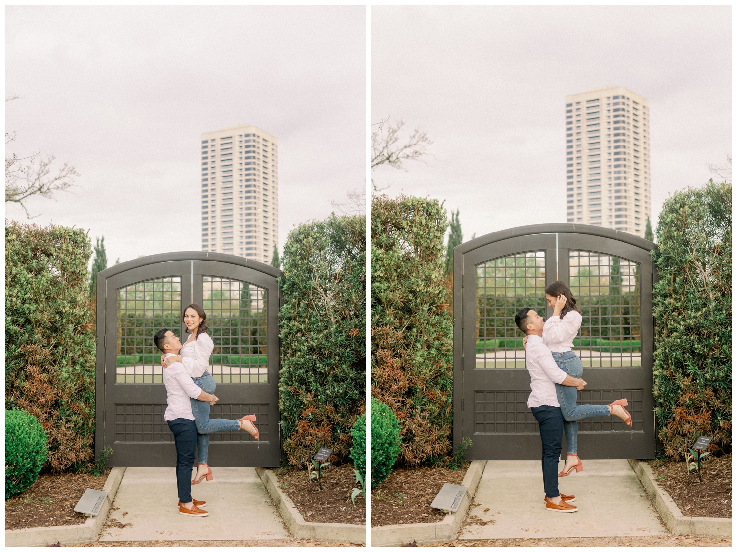 couple doing a lift pose in front of double doors at McGovern Centennial Gardens engagement photos