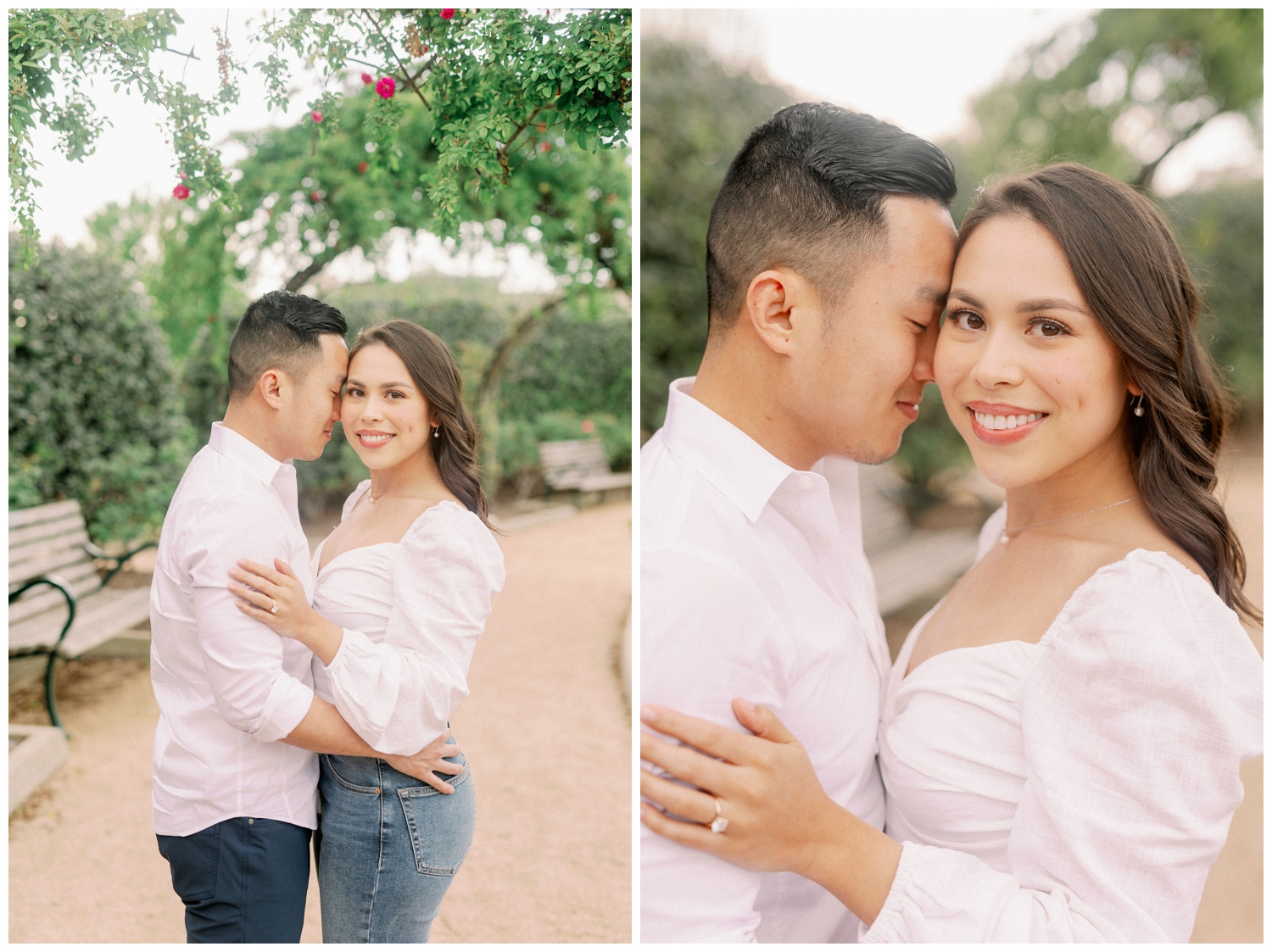 couple posing in white shirts for engagement session Houston Texas