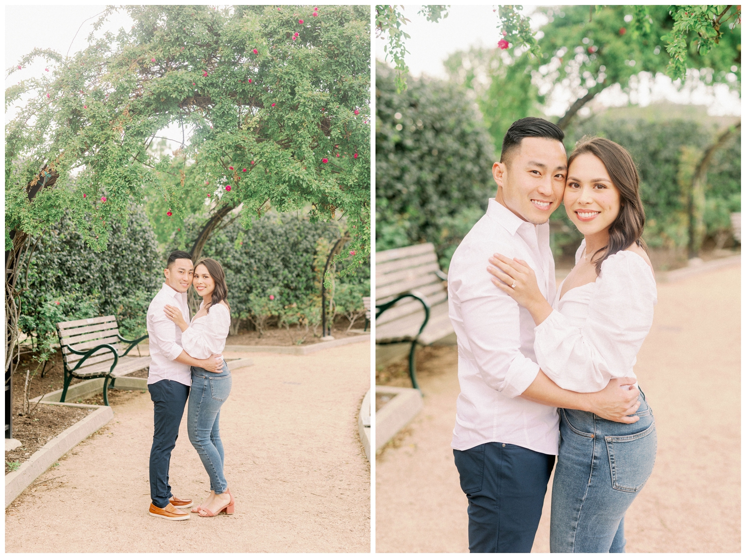couple standing under greenery archway at McGovern Centennial Gardens engagement photos