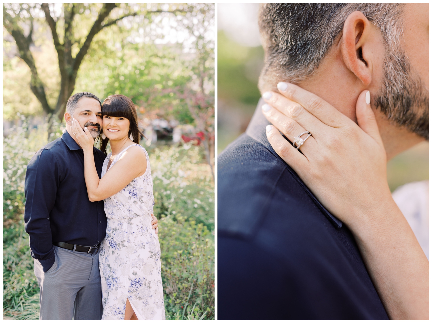couple portraits and ring shot outside at McGovern Centennial Gardens engagement session
