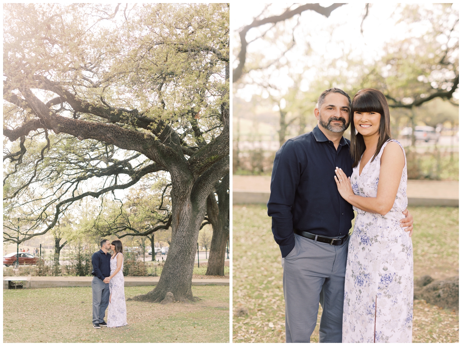 couple posing under oak tree at McGovern Centennial Gardens engagement session
