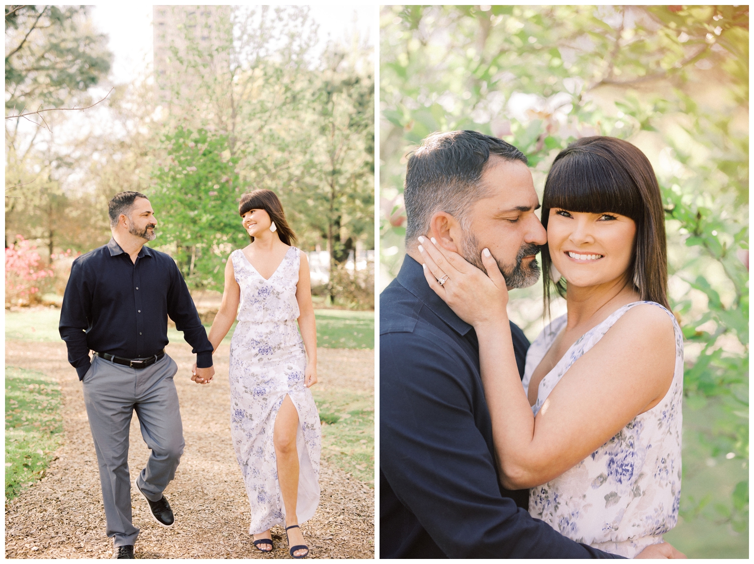 couple walking on pathway at McGovern Centennial Gardens engagement session in Houston, Texas