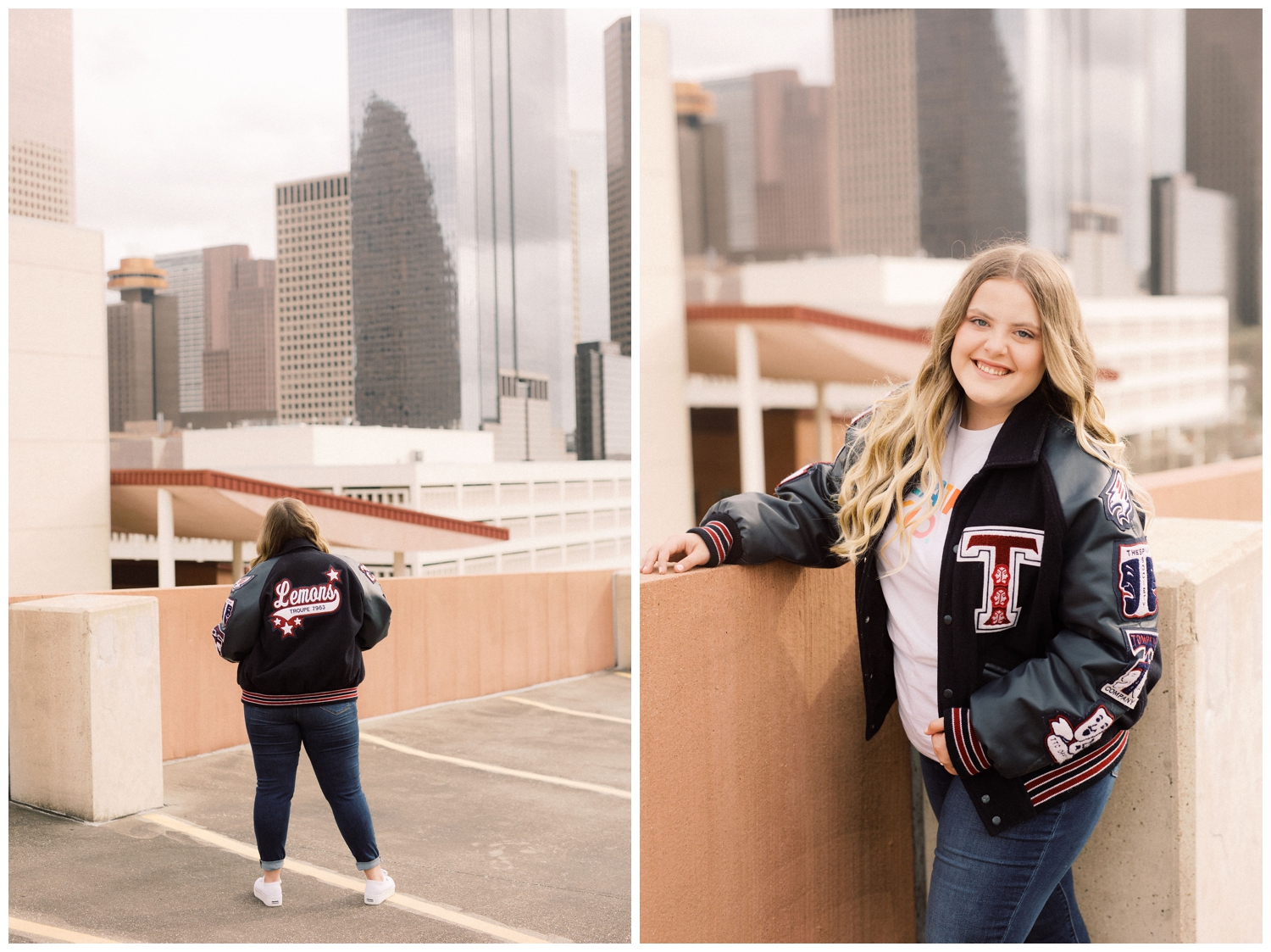 senior girl at top of parking garage in front of downtown Houston skyline in letter jacket