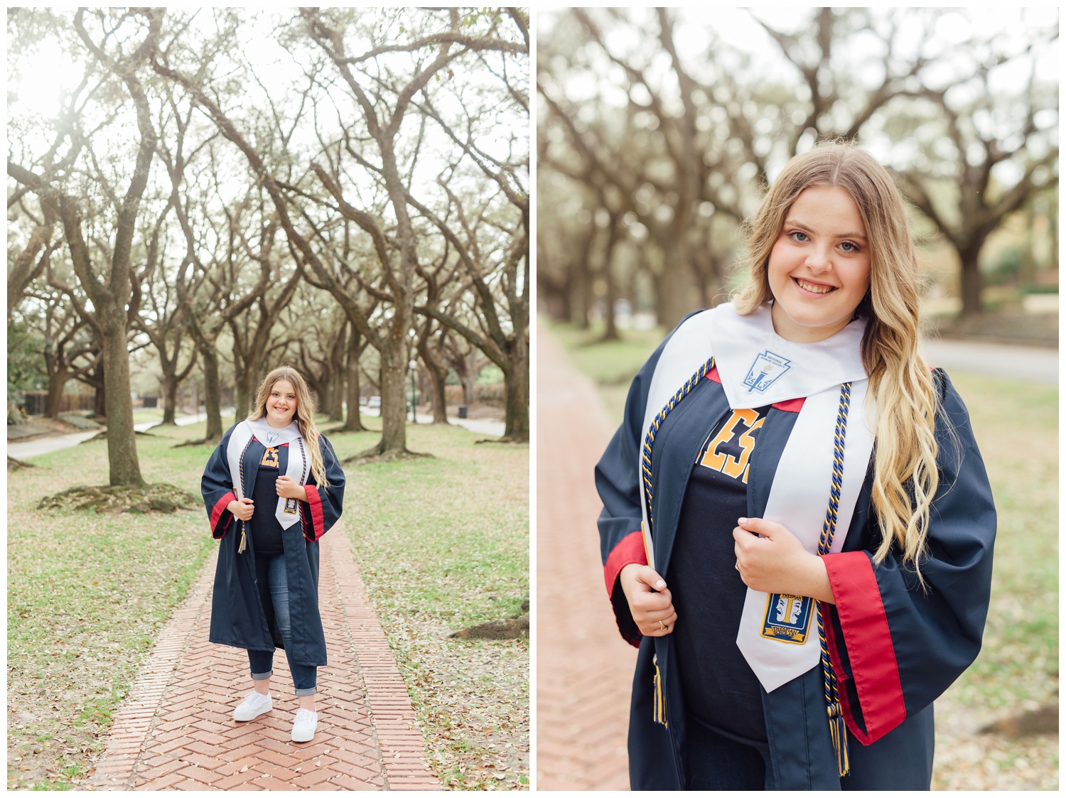 senior girl portrait in cap and gown on sidewalk in a tree line