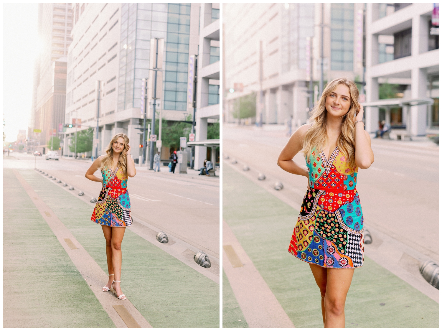 girl walking city streets in bright sundress