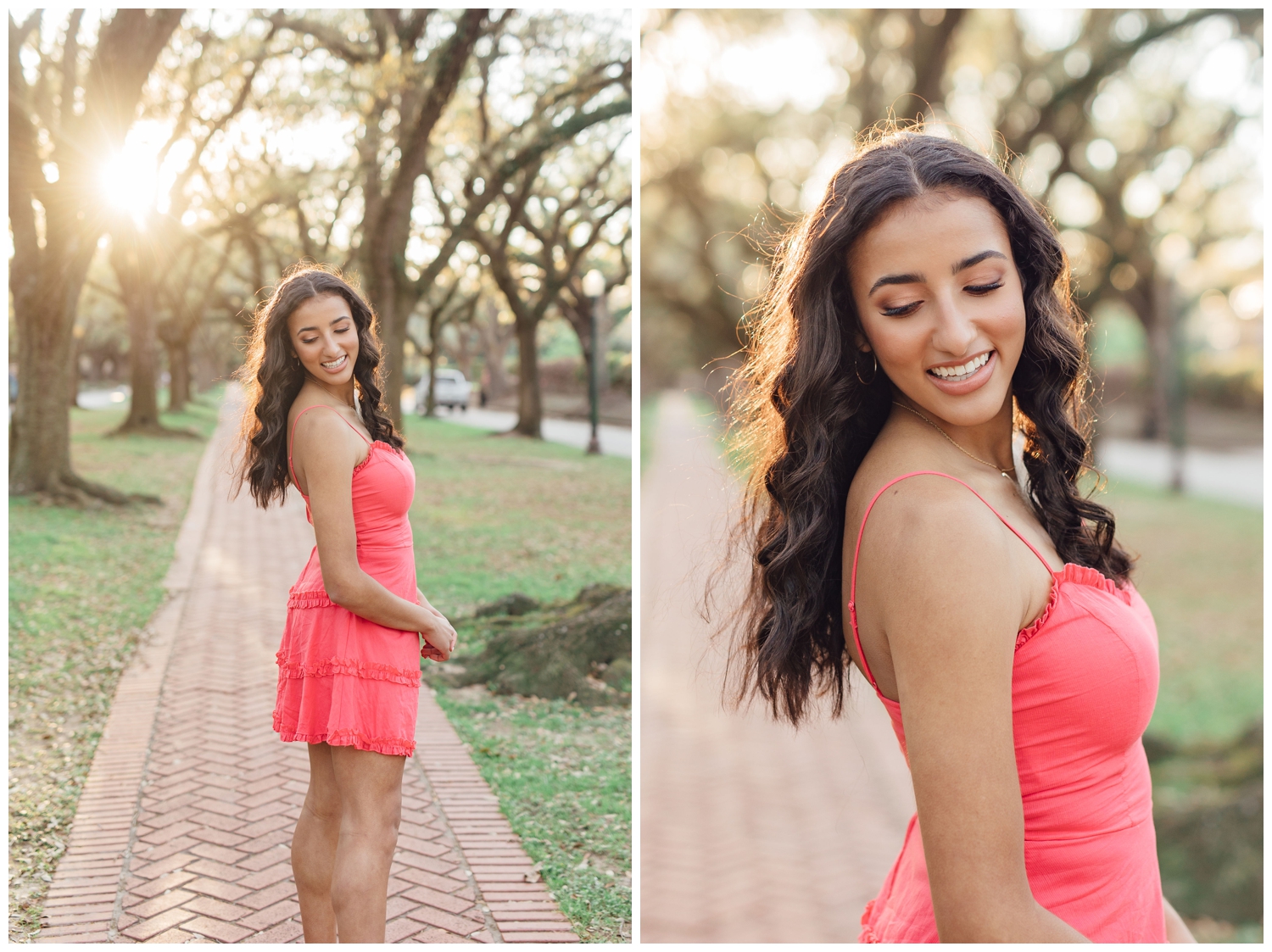 girl looking over her shoulder while posing on a sidewalk during vibrant Houston senior portraits session in Houston, Texas