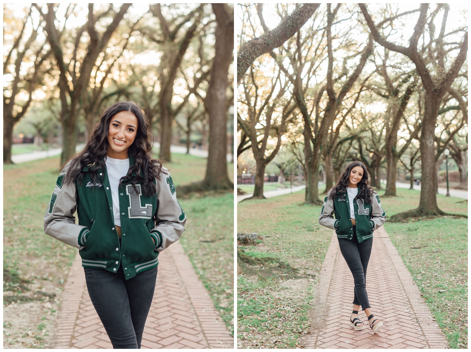 girl posing in letter jacket at vibrant Houston senior portraits session